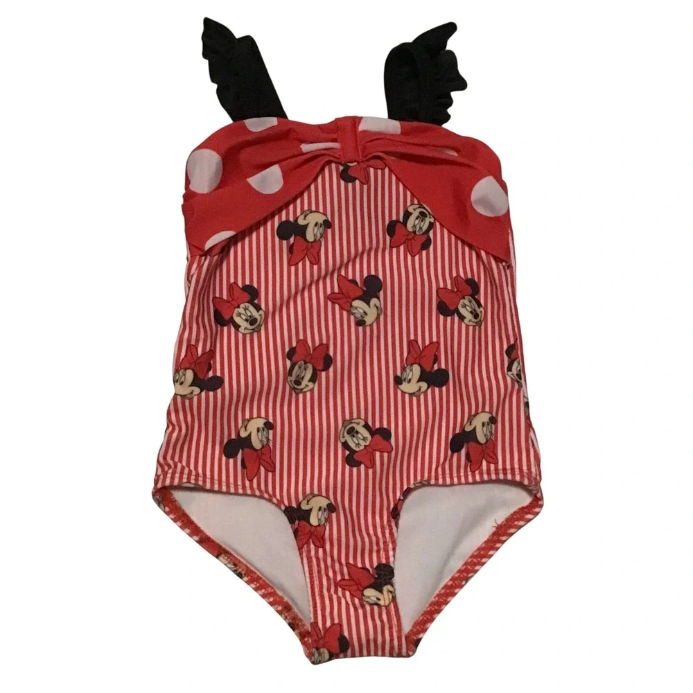Disney Junior Minnie Mouse Red White Striped Polka Dot Ruffle Swimsuit 2T
